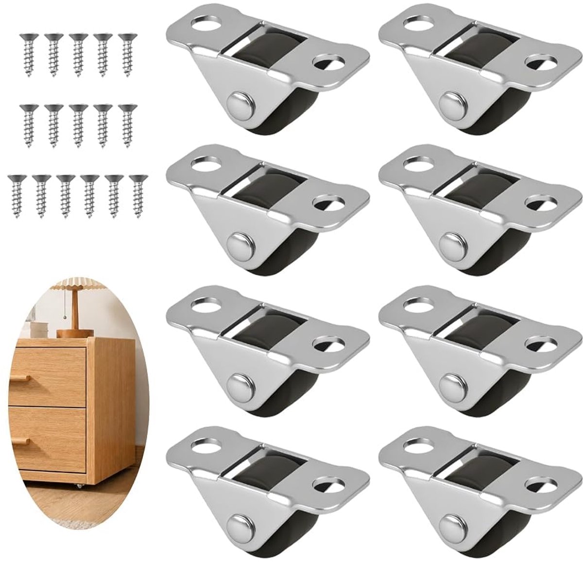 Klein, 12 mm, 8 stuks, rubberen platte zwenkwielen met schroeven, stille draaiwielen, zachte beweging, mini-wielen voor meubels, laden, meubelrollers, gereedschapskisten, een enkele