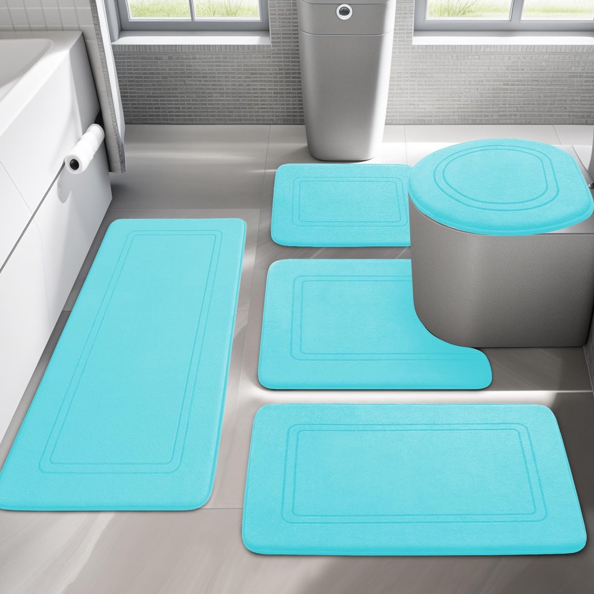 Chakme Badkamerteppich Set 5-delig, Zachte Badmat van Memory-Schuim Badvoorlegger antislip Wasbaar, Badkamer Tapijten Set voor Toilet Douche en Badkuip Blauwgroen