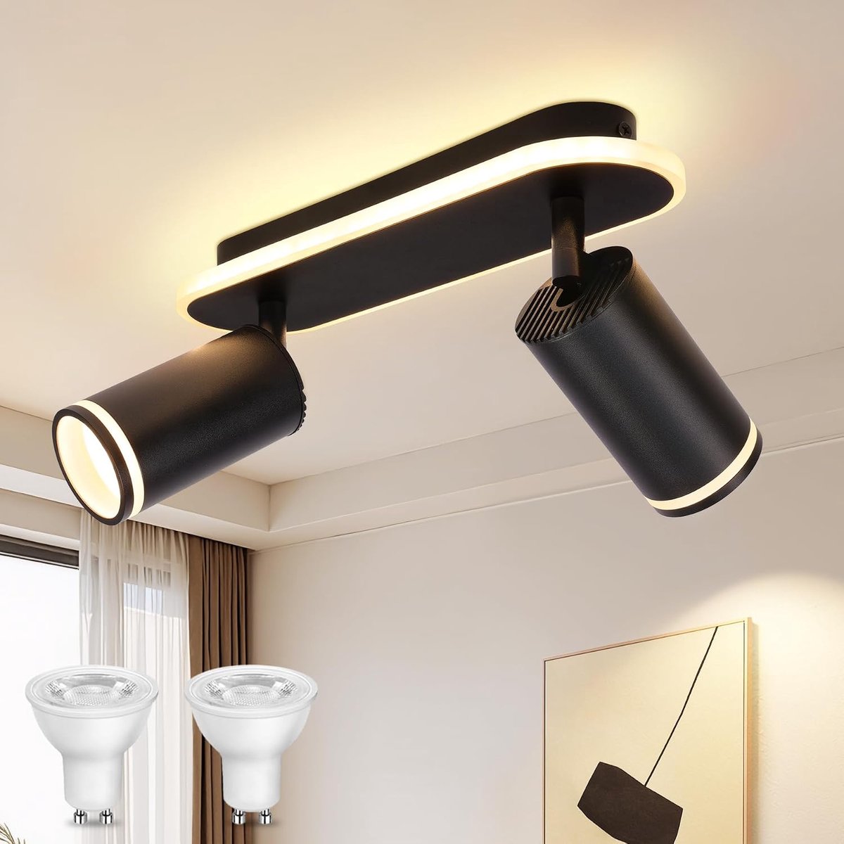Plafondspot GU10, plafondlamp, 2 spots, zwart, plafondlamp, draaibare spot, inclusief 2 x 5 W, GU10-lampen, moderne plafondlamp, led, voor keuken, woonkamer, warm wit, 3000 K