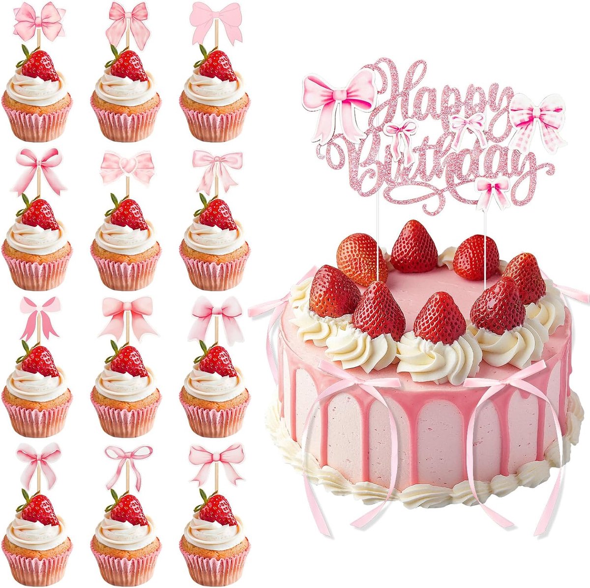 19 stuks roze strik taarttopper met Happy Birthday teken, strik cupcake toppers, strik gelukkige verjaardag taart topper voor verjaardagsfeestje decoraties accessoires benodigdheden