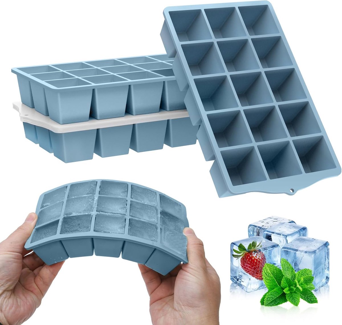 IJsblokjesvorm van siliconen met deksel, blauw, 4 stuks, ijsblokjesvorm, siliconen, BPA-vrij, stapelbare ijsblokjeshouder, ijsblokjesvormen voor cocktail, whisky, koffie, ijs