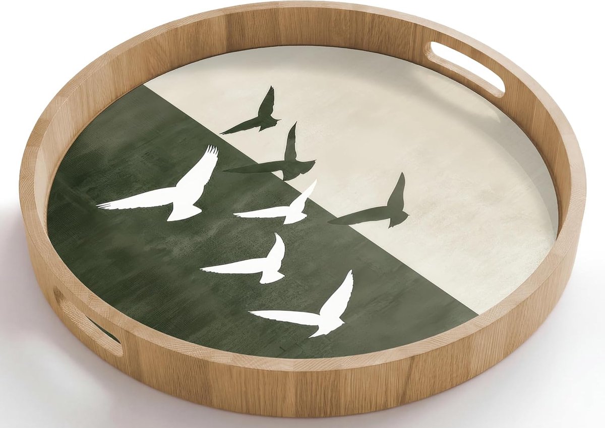 Dienblad Rond 50x50 cm Houten Serveerblad Met Handgrepen Gelakt Eikenhout Krasbestendig Hittebestendig Ontbijt Koffie Thee Eten Japandi - Vogel - Groen