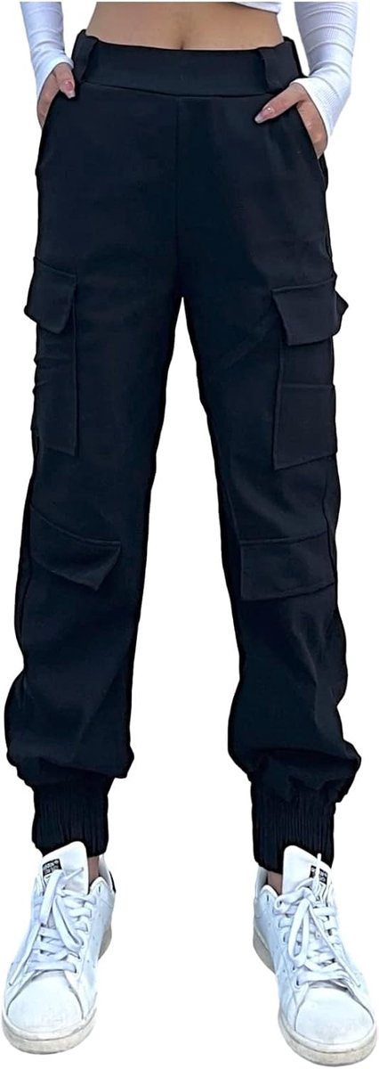 Elastische combat cargo broek voor dames, manchet, hoge taille, met bijpassende riem, joggers broek