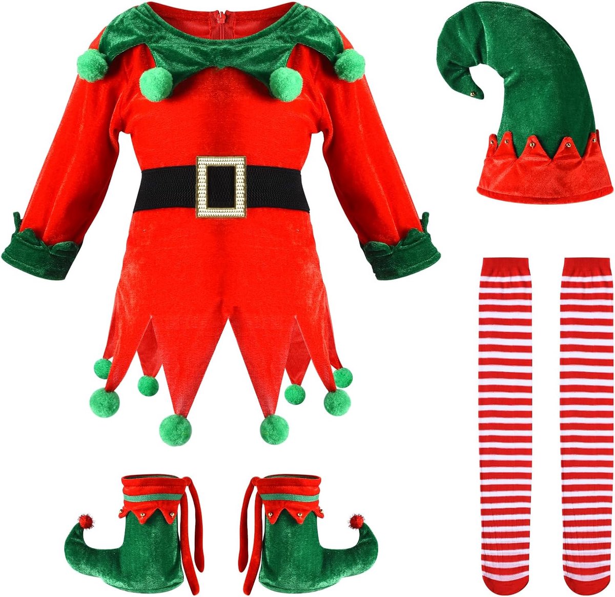 5 Pak Meisjes Vrouwen Kerstmis Elf Kostuum Set,Kinder Kerstmis Elf Kostuum,Fluwelen Kerstman Helper Kostuum,Kerstmis Feestelijke Outfit met Elfenhoed Schoenen Riem Gestreepte Kousen