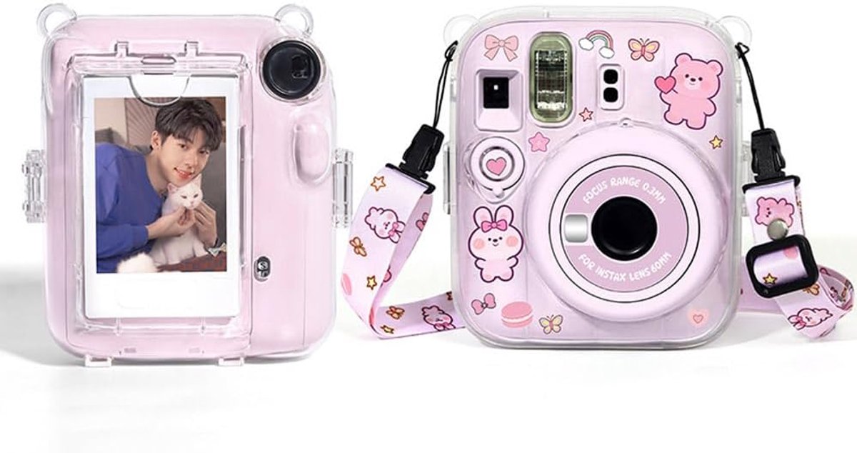 Doorzichtige Case Transparante Kristal Shell Compatibel met Polaroid Fujifilm Instax Mini 13 Instant Camera met Schouderbanden, Stickers en Foto Opslag Zak, roze