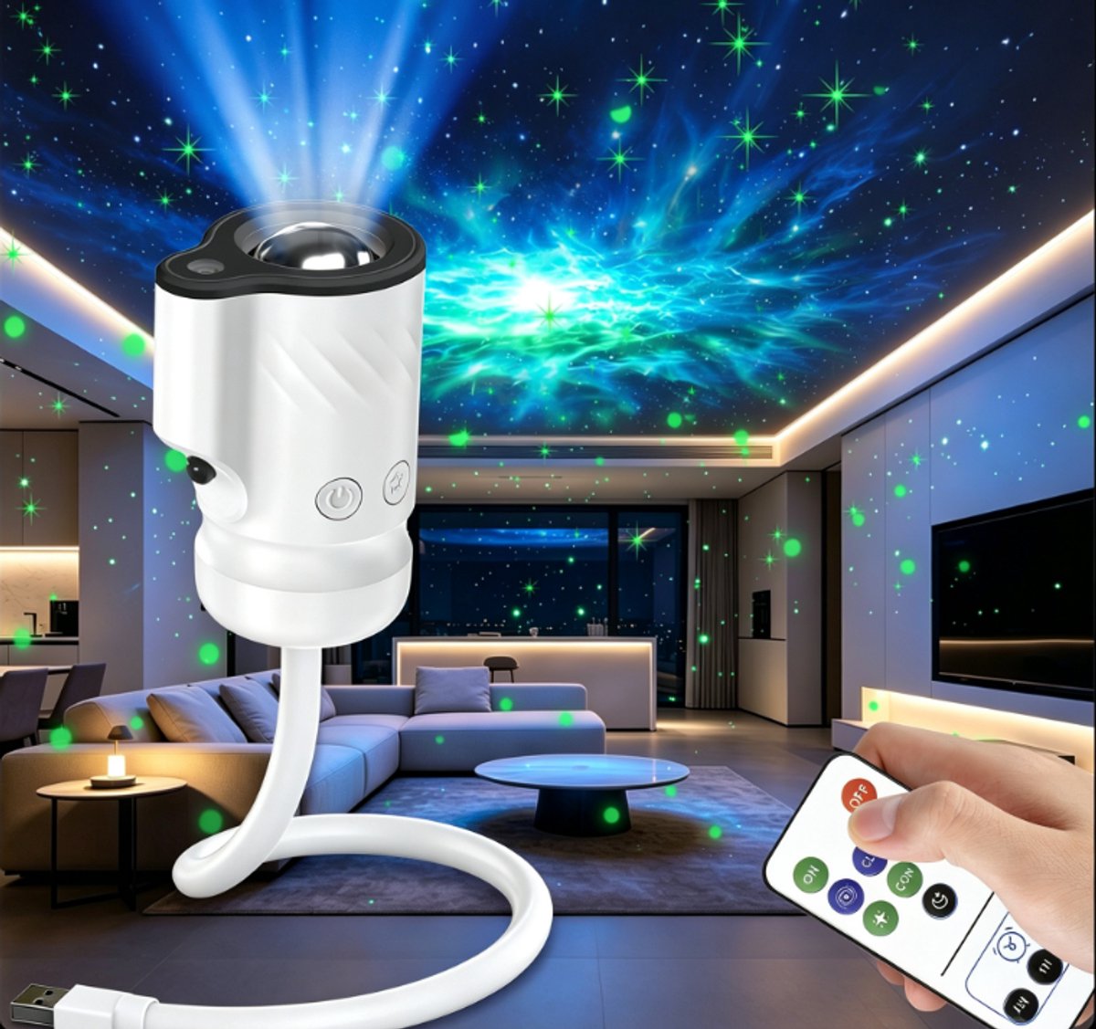 Flexibele zwanenhals sterrennevel projector nachtlampje, USB gevoed met 9 lichtmodi, sterren- en nebelprojectie voor slaapkamer, kinderkamer en autodak, sfeerverlichting voor romantische ambiance | Energieklasse A+++