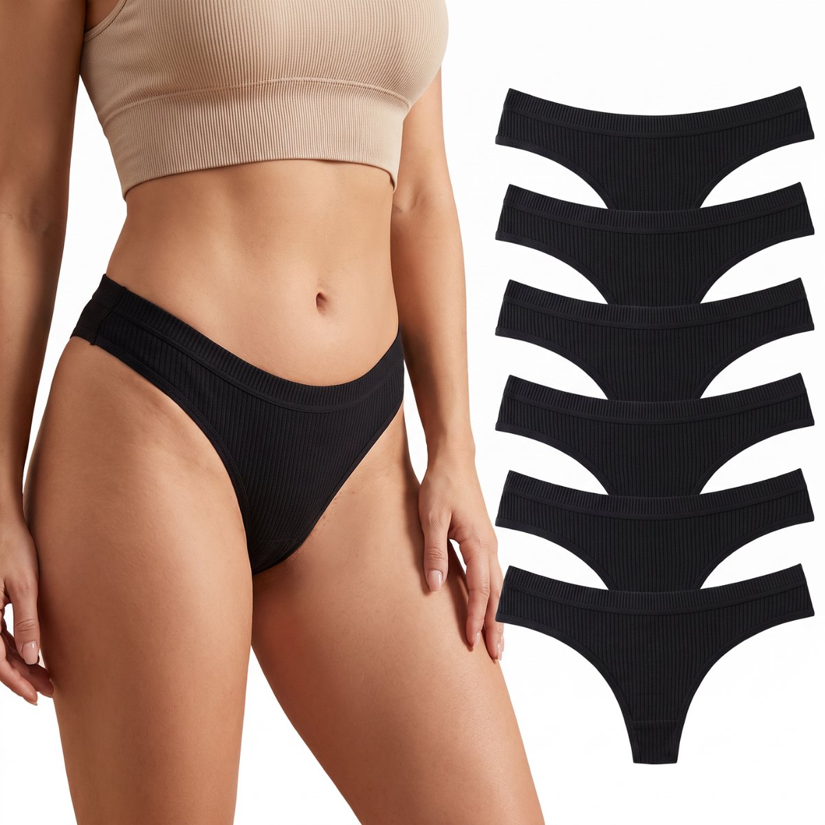 RENALUX String Set 6 Stuks - String Dames - Comfortabele Strings - Sexy Ondergoed Dames Katoen - Onderbroeken Dames - Zwart - Maat M
