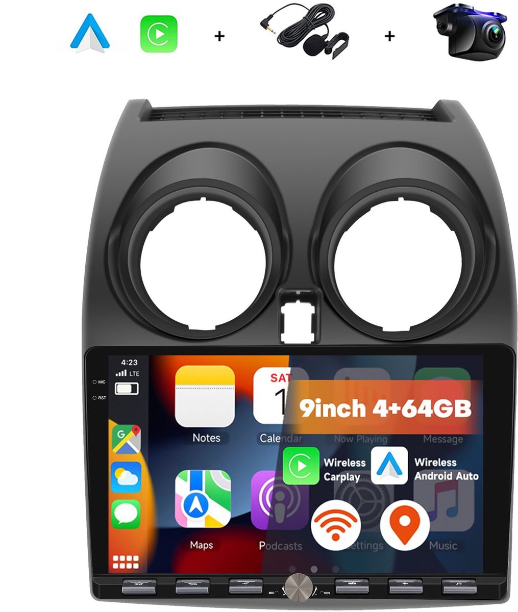 Boscer 2 Din Autoradio - Geschikt voor Nissan Qashqai (2006-2016) - Draadloos Apple CarPlay & Android Auto - Vernieuwd Bedieningspaneel - 9 Inch HD Touchscreen - Android 15 - 4+64GB - GPS - WiFi, Bluetooth & USB - Achteruitrijcamera & Microfoon