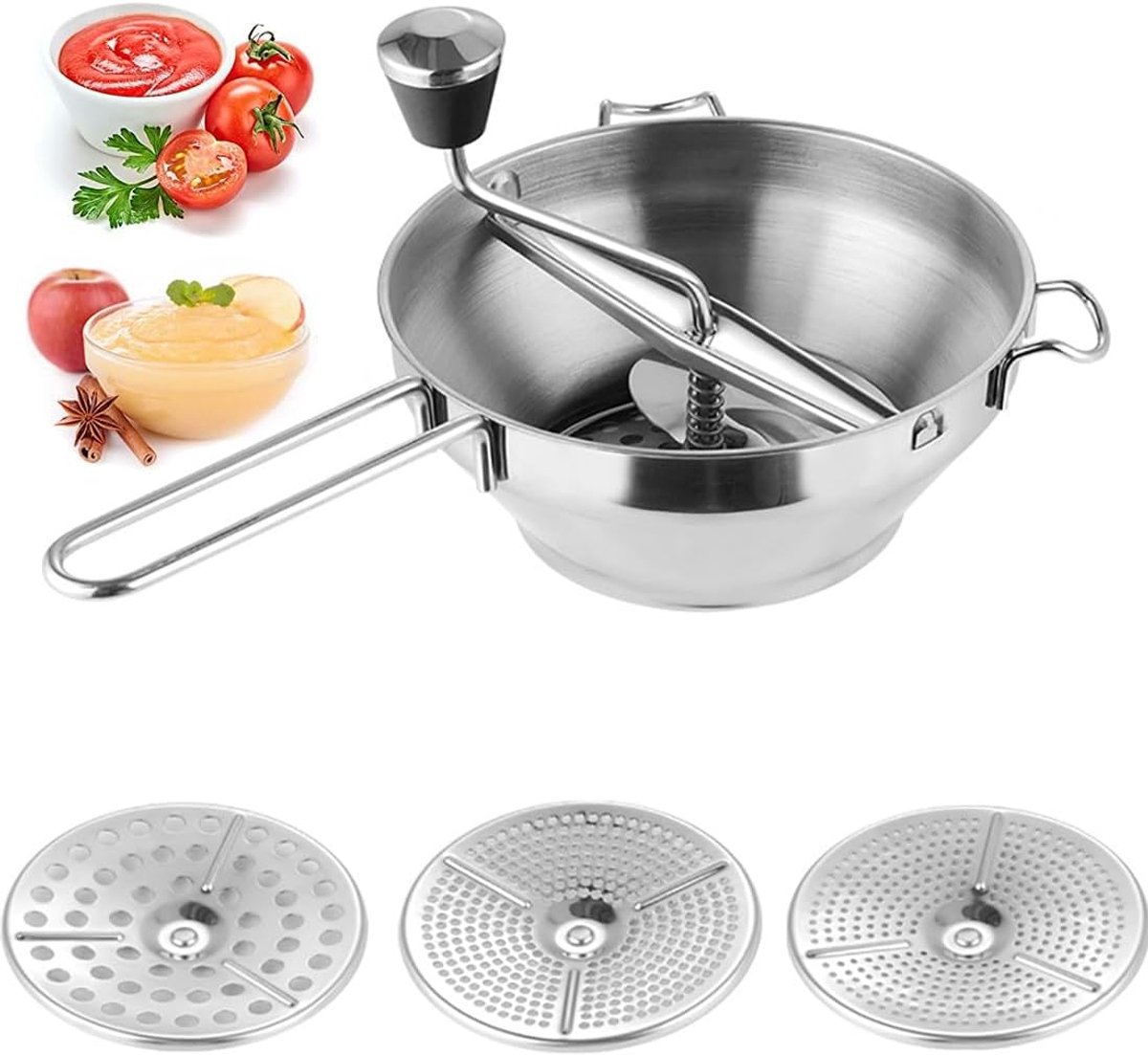 Claoner Voedselmolen - RVS - Handmatig - Met 3 maalschijven - Voor tomaten groenten fruit - 19cm - Zilver