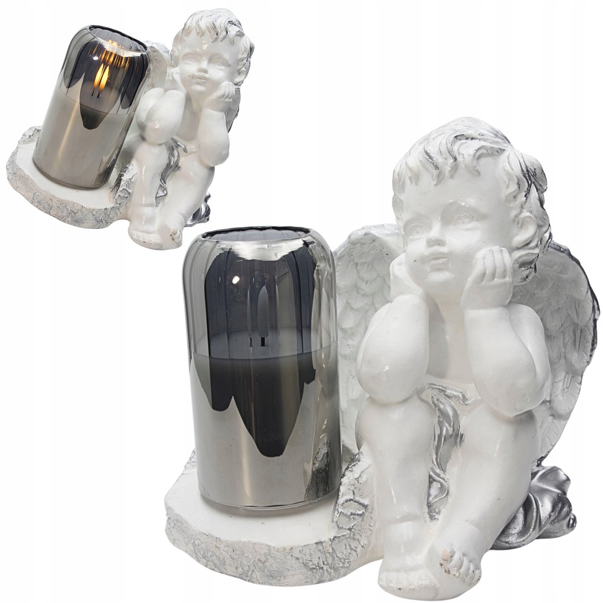 Gipsen Engel Grafdecoratie met LED Kaars - Wit/Zilver