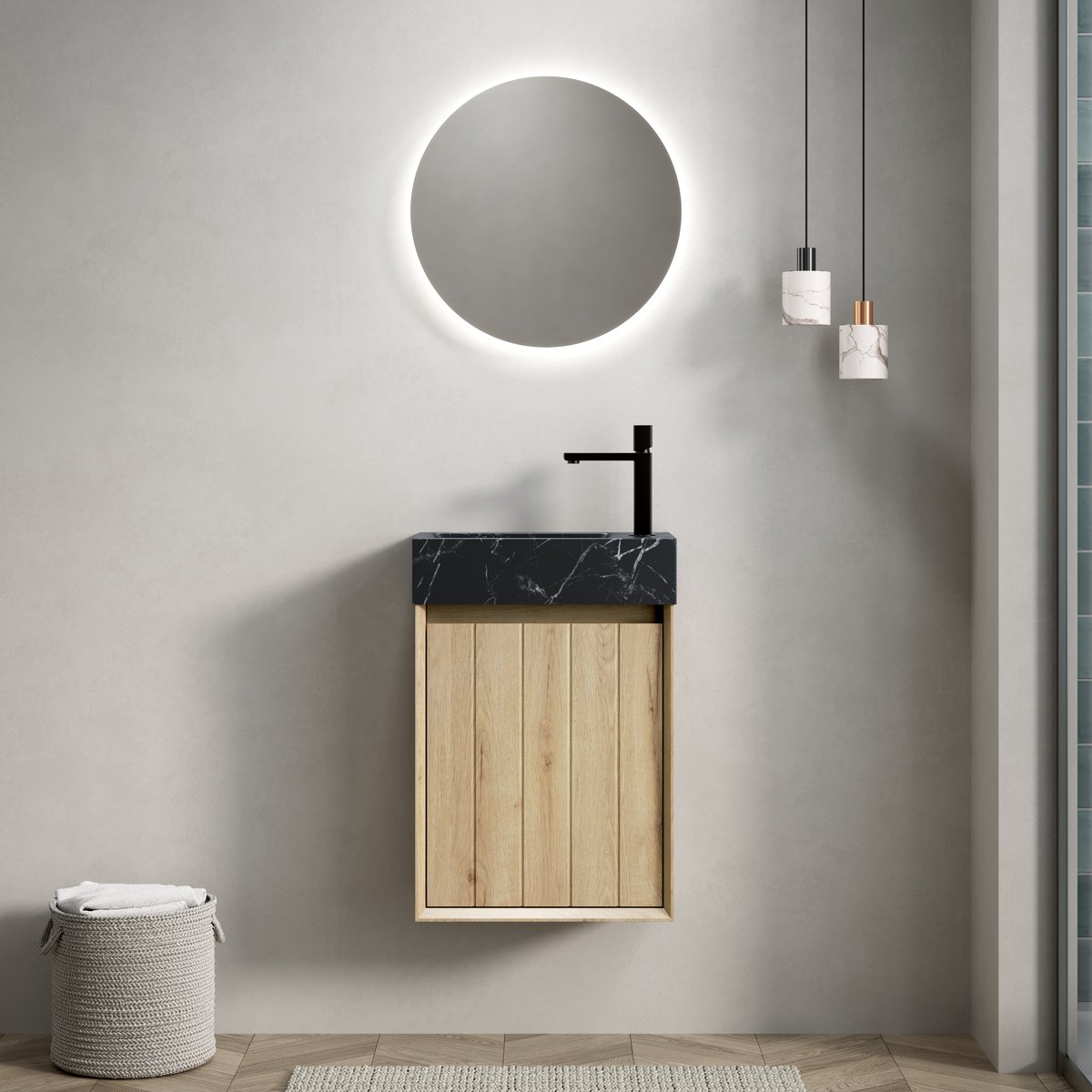 Hangend badkamermeubel 40 cm met marmeren wastafel - Zwart marmer & Wit eiken - Natuurmarmeren bekken - Gestreepte massief houten deur - Voorgemonteerd - Dempende scharnieren
