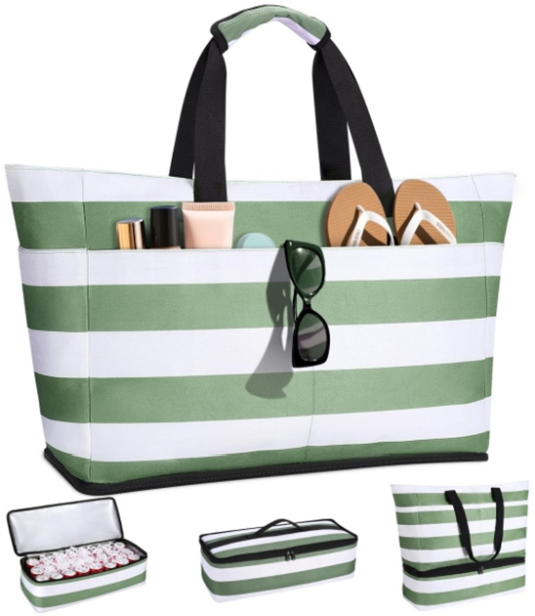 Casalora® XXL Familie Strandtas met Koelvak, 54L Grote Strandtas met Ritssluiting en Natvak, Opvouwbare Waterdichte Handtas Shopper voor Vrouwen voor Reizen/Fitness/Zwembad (Groen)