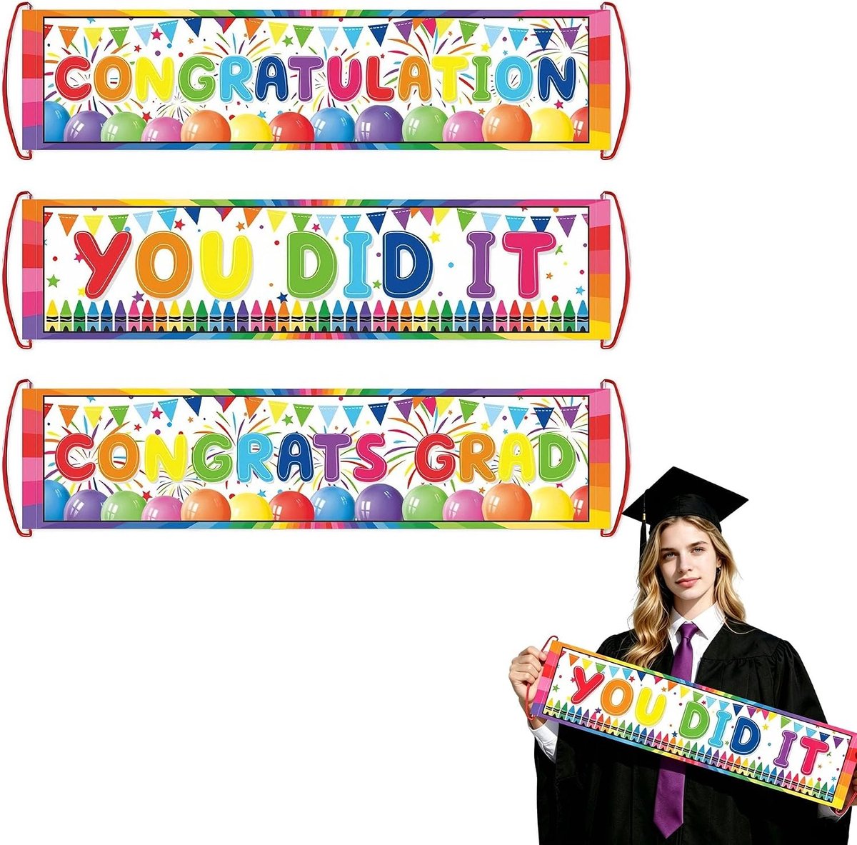 Afstudeerbanner handheld - Afstudeerdecoratie feest - Fotorekwisieten maken - Waterafstotende coating - 63 x 15 cm - Meerkleurig