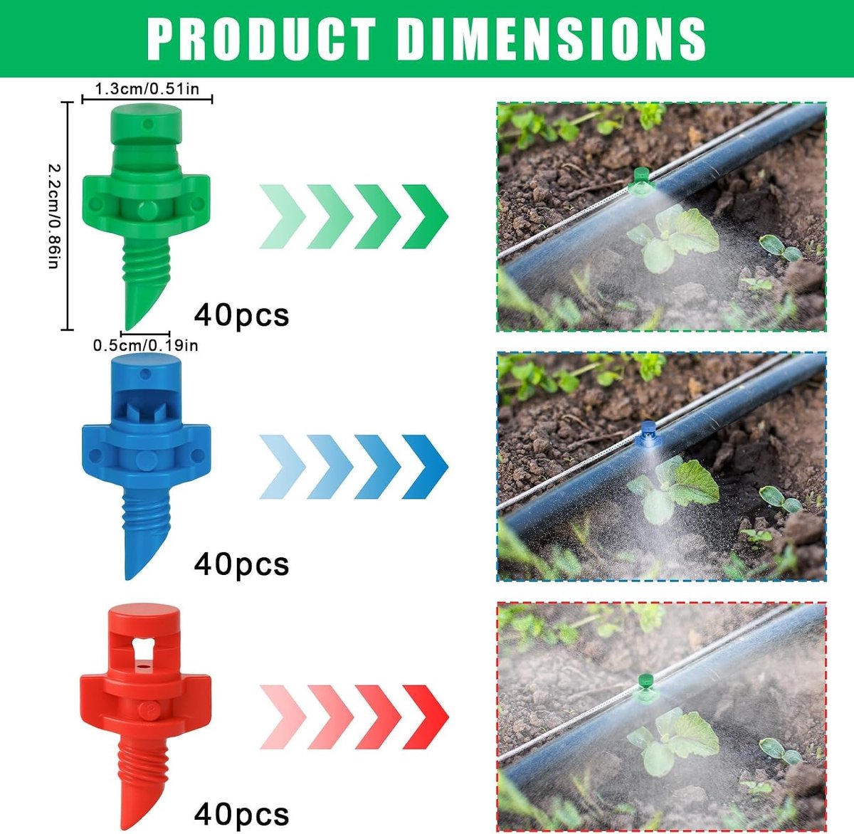 Mini-sproeiers - Rood/Groen/Blauw - 21 x 12 mm - Micro-watersproeiers voor Druppelirrigatie - Voor Tuin en Planten