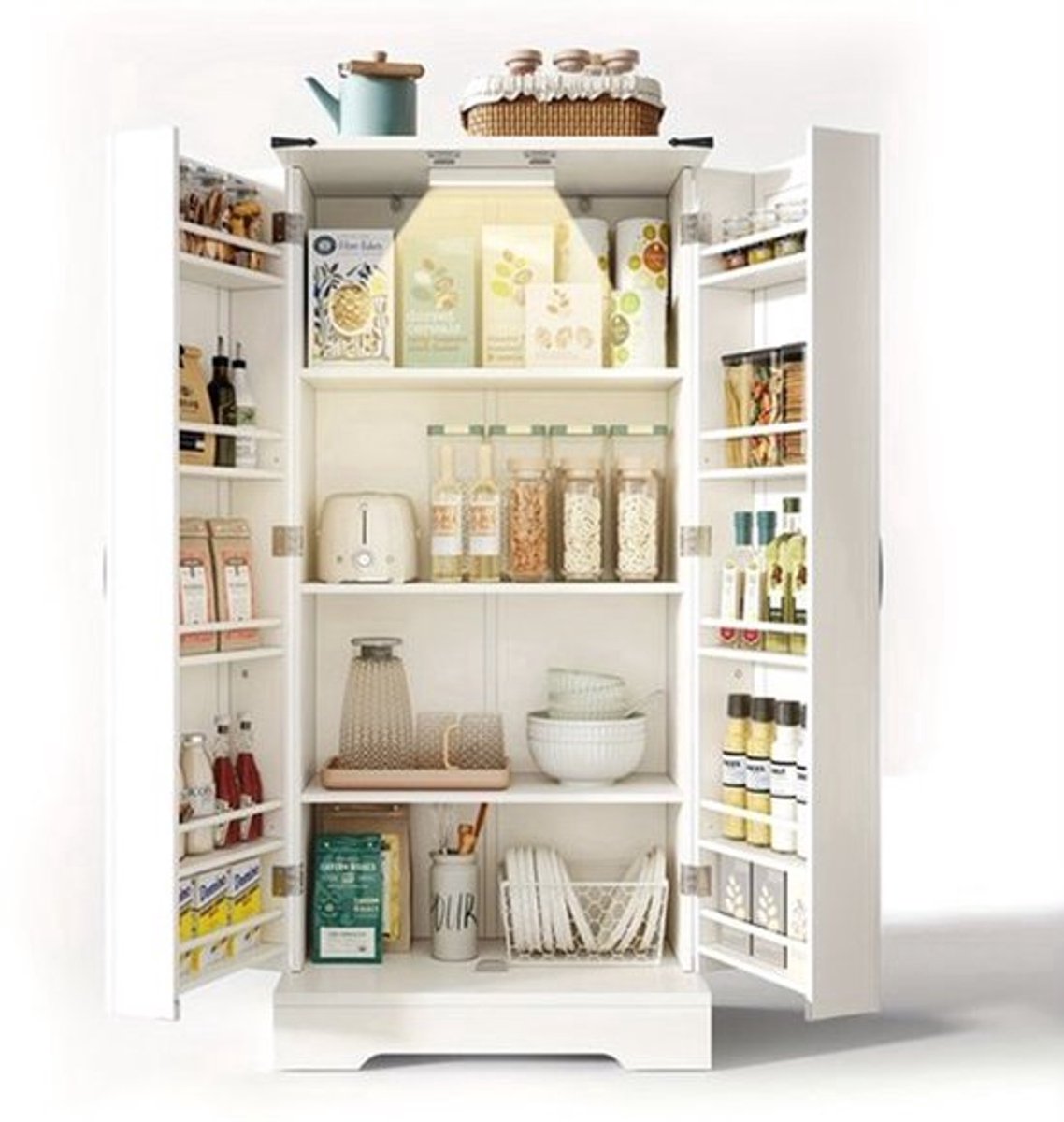 Witte Keukenkast – Keukenkasten – Opbergkast – Buffetkast – Dressoir – Hardhouten Constructie – Intaglio Patroon Met Zwarte Handgrepen