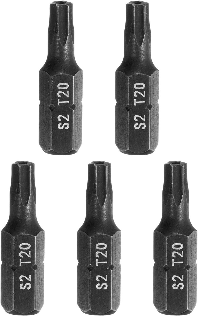 5 stuks T20 Torx schroevendraaierbits 1/4 inch zeskantschacht 25 mm lengte S2 staal ster 6-punts kop met gat voor schok elektrische schroevendraaier elektrisch gereedschap zwart