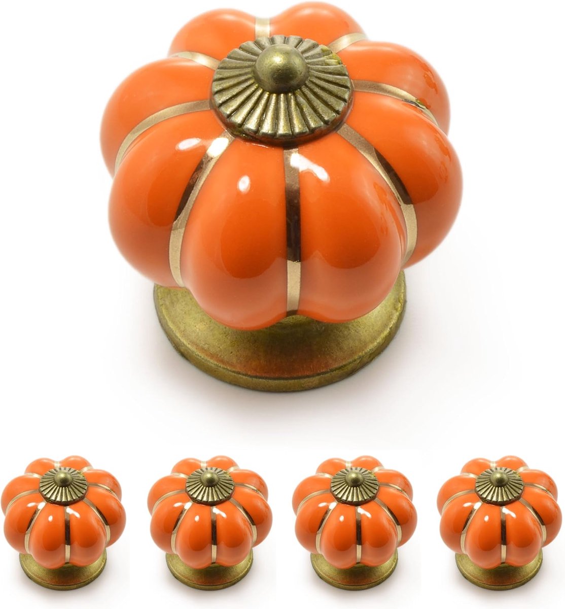 4-delige kroonvormige meubelknoppen, porselein met antiek bronskleurige sierband, oranje uitvoering, Ø38mm, 38mm diep, bedoeld voor montage op meubelplaten en panelen tot 18mm