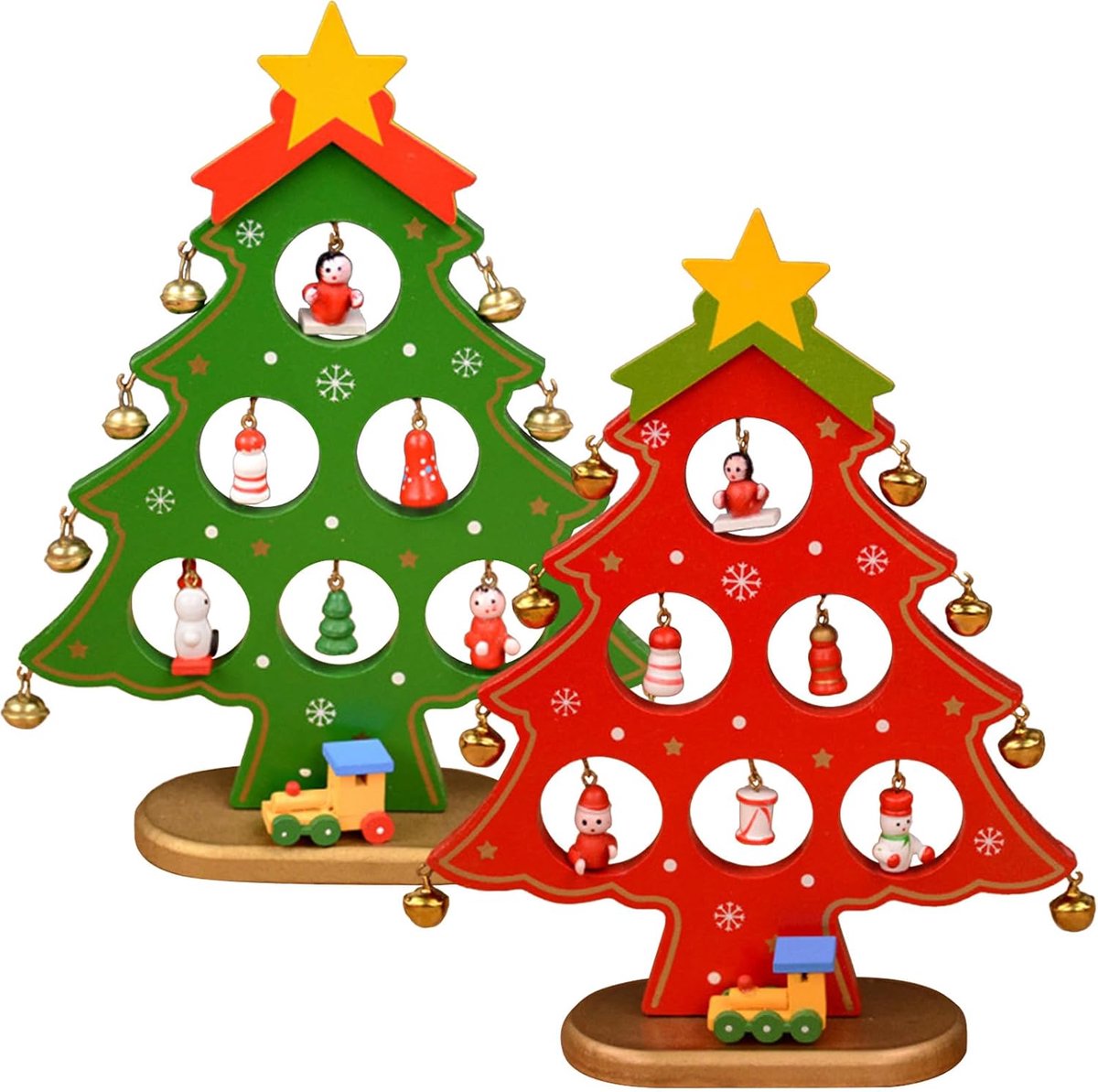2 stuks houten kerstboom rood & groen, DIY mini kerst ornamenten tafelblad houten kerstboom bureau met hangende bellen tafeldecoratie voor kerstdecoratie cadeau