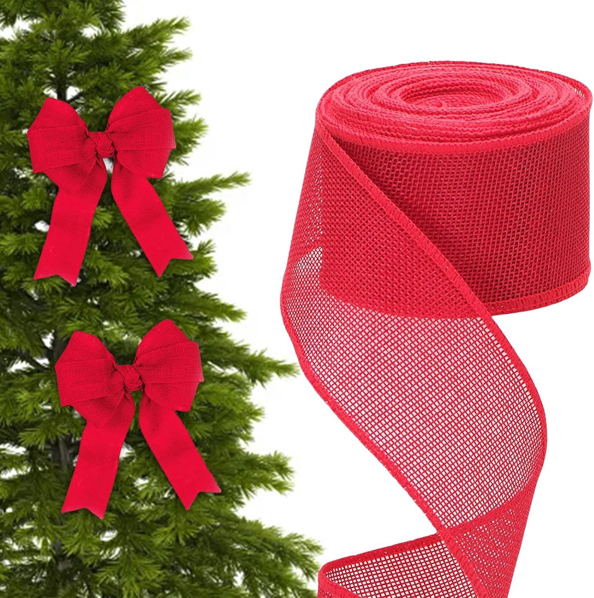 Decoratielint voor Kerstmis Breed, juteband met draad lintband jute lintband voor knutselen, kerstlinten voor cadeaus kerstkrans kerstboom bruiloft 6 cm * 10 m rood