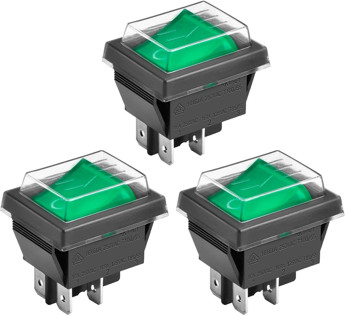 Tuimelschakelaar aan/uit, aan-uit, 4 aansluitingen, groen licht, 16 A, 250 VAC, met waterdichte afdekking (3)