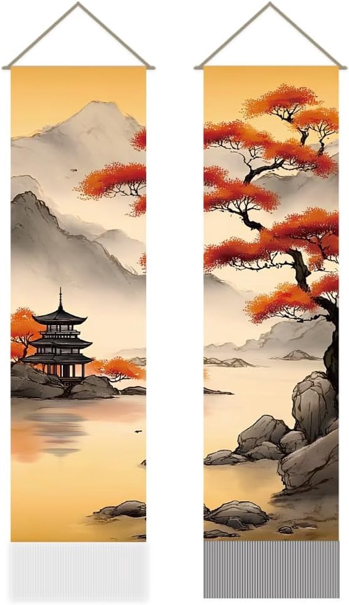 2 stuks traditioneel Chinees landschapstapijt, paviljoen lang verticaal wandtapijt, dennenboom kwastjes wandtapijt. Mystieke esthetische decoraties voor slaapkamer en woonkamer (111 x 30 cm