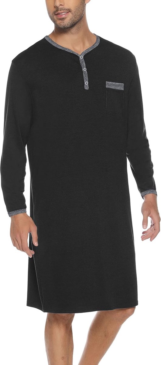 Nachthemd voor heren, katoenen pyjama met lange mouwen, korte mouwen, pyjama-bovenstuk, lang T-shirt, ronde hals met knopen, huiskleding, grote maat, zacht, comfortabel