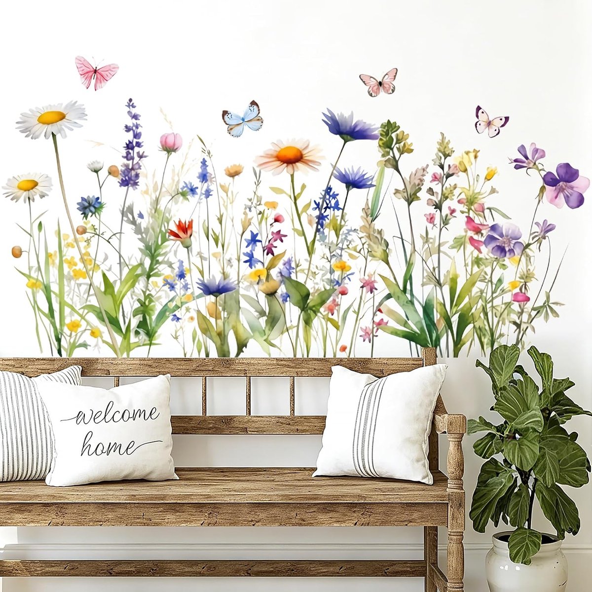 Muurstickers Tuin Wildflower Muurstickers Wilde Bloemen Muurstickers met Madeliefje Lavendel Bloemen Vlinders voor Slaapkamer Woonkamer Badkamer Decoratie