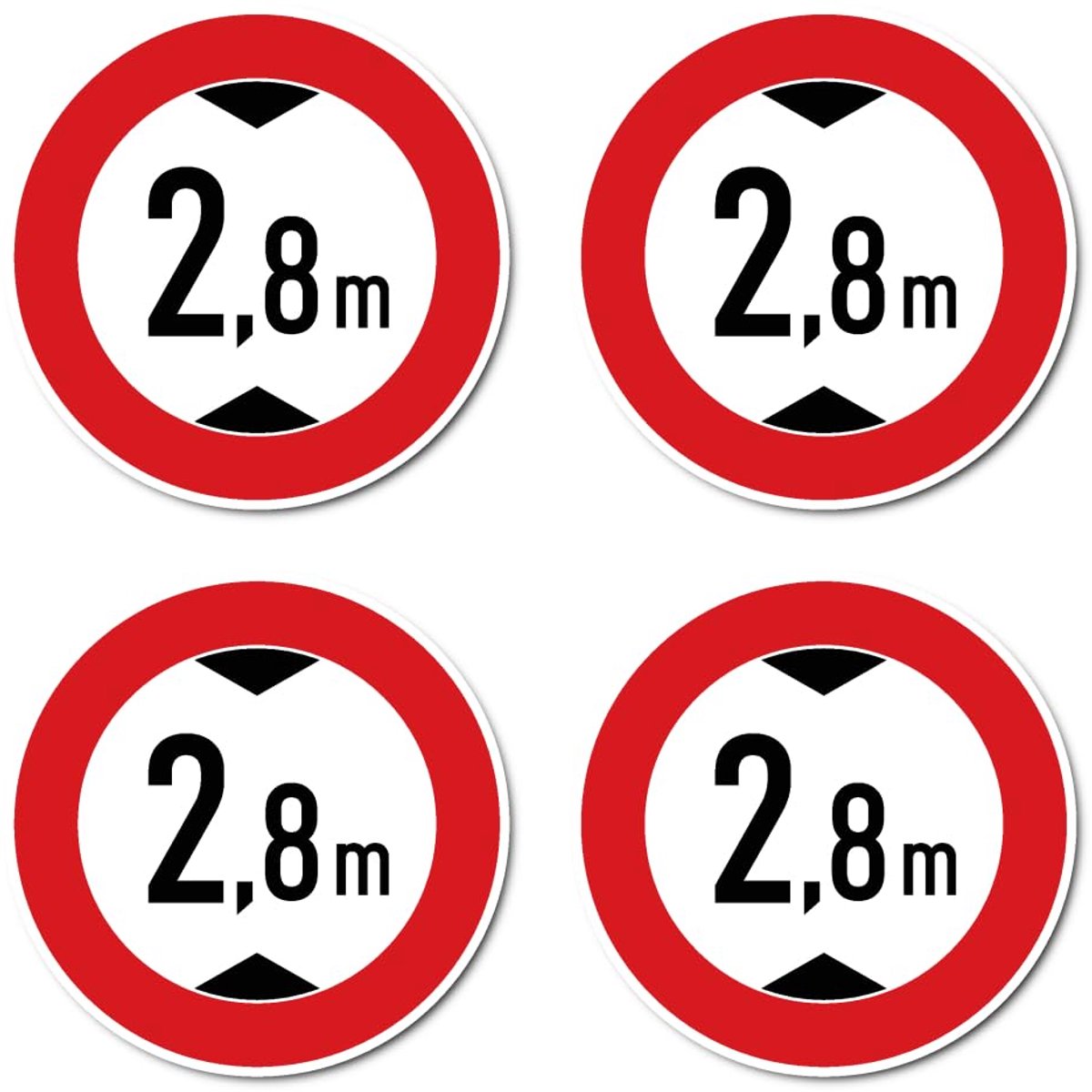 Diameter 100 mm, 4 stuks - maximale doorrijhoogte/verbod voor te hoge voertuigen - 2,8 m - meter - StVO teken Z-265