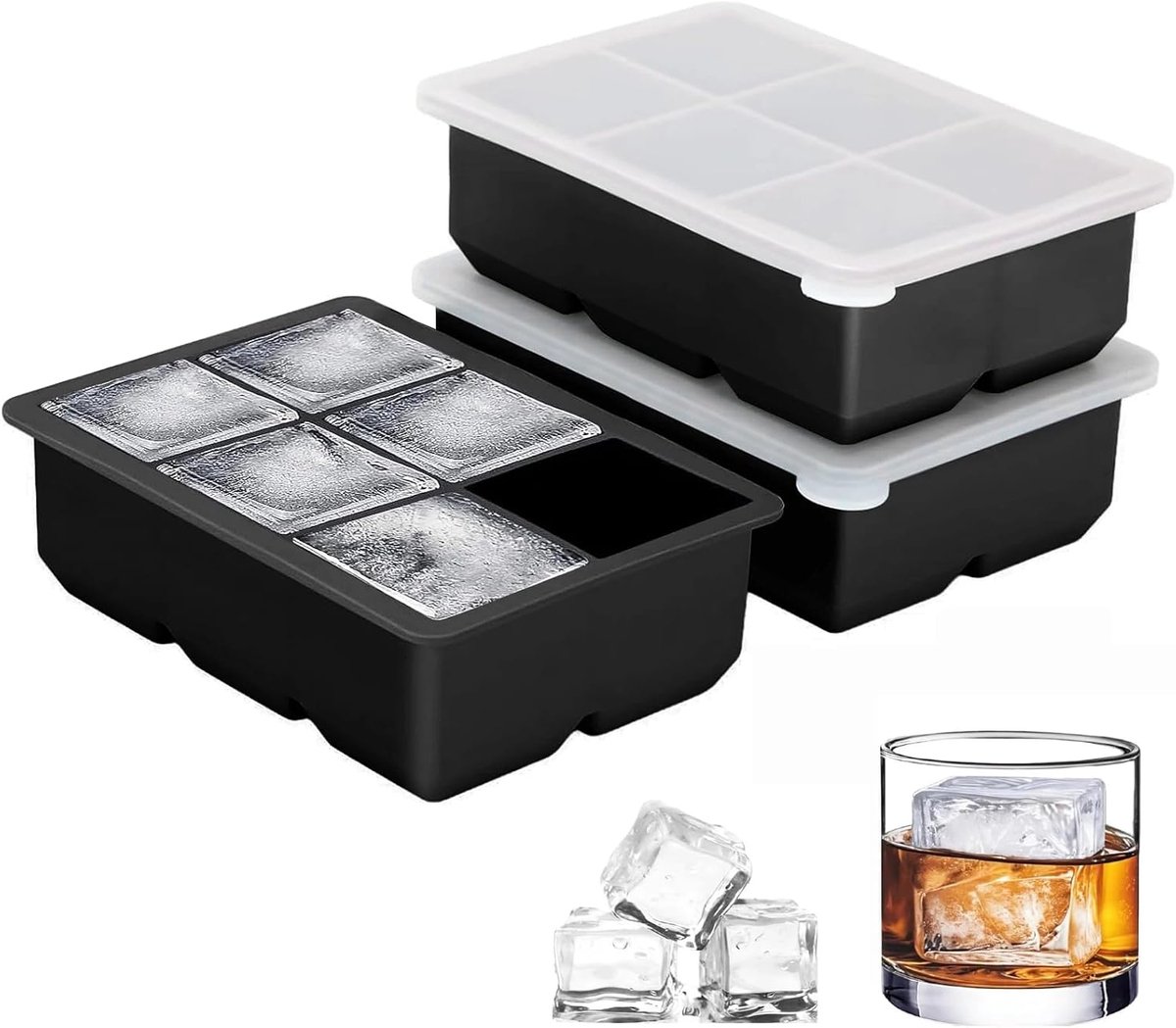 Set van 3 grote siliconen ijsblokjesvormen, 18 ijsblokjesvormen met deksel | Grote vierkante ijsblokjesvorm, stapelbare ijsbakjes voor vriezer, BPA-vrij, voor whisky, cocktail, drankjes, souper (zwart)
