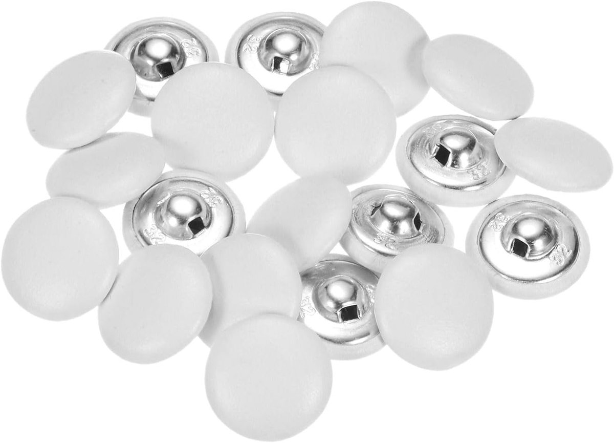 Knopen, 20 stuks, wit, met leer beklede knopen, 20 mm, lederen knoop, metalen schacht, naaiknopen, ronde leren bekleding, knopen voor vesten, mantels, broeken, lederen bekleding, handtassen