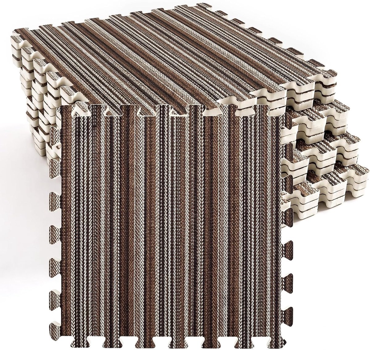 12 stuks in elkaar grijpende linnen schuimrubberen matten, 30 x 30 cm, schuimrubberen puzzelmatten, 1 cm dik, wollig, woonkamer, slaapkamer, tapijttegels, vloertegels voor spel, bruin