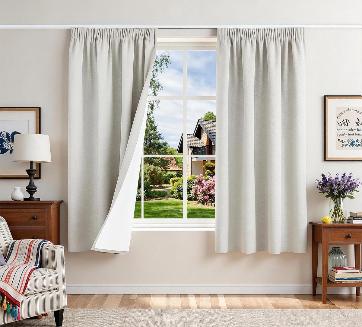 100% ondoorzichtige gordijnen met plooiband, linnenlook, verduisteringsgordijnen, 180 x 120 x 2, lichtbeige, thermische gordijnen, bescherming tegen kou, woonkamer, verduisteringsgordijn