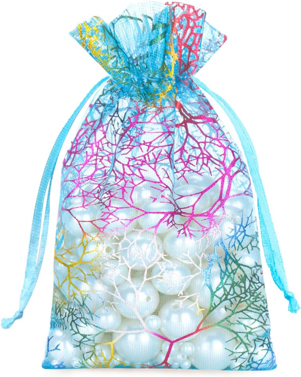 Blauw koraal organza zakjes 10x12cm: 50 stuks | Koraalprint, organzazakje met trekkoord, organza-cadeauzakje voor verjaardag, sieradenzakje, geschenkzakjes