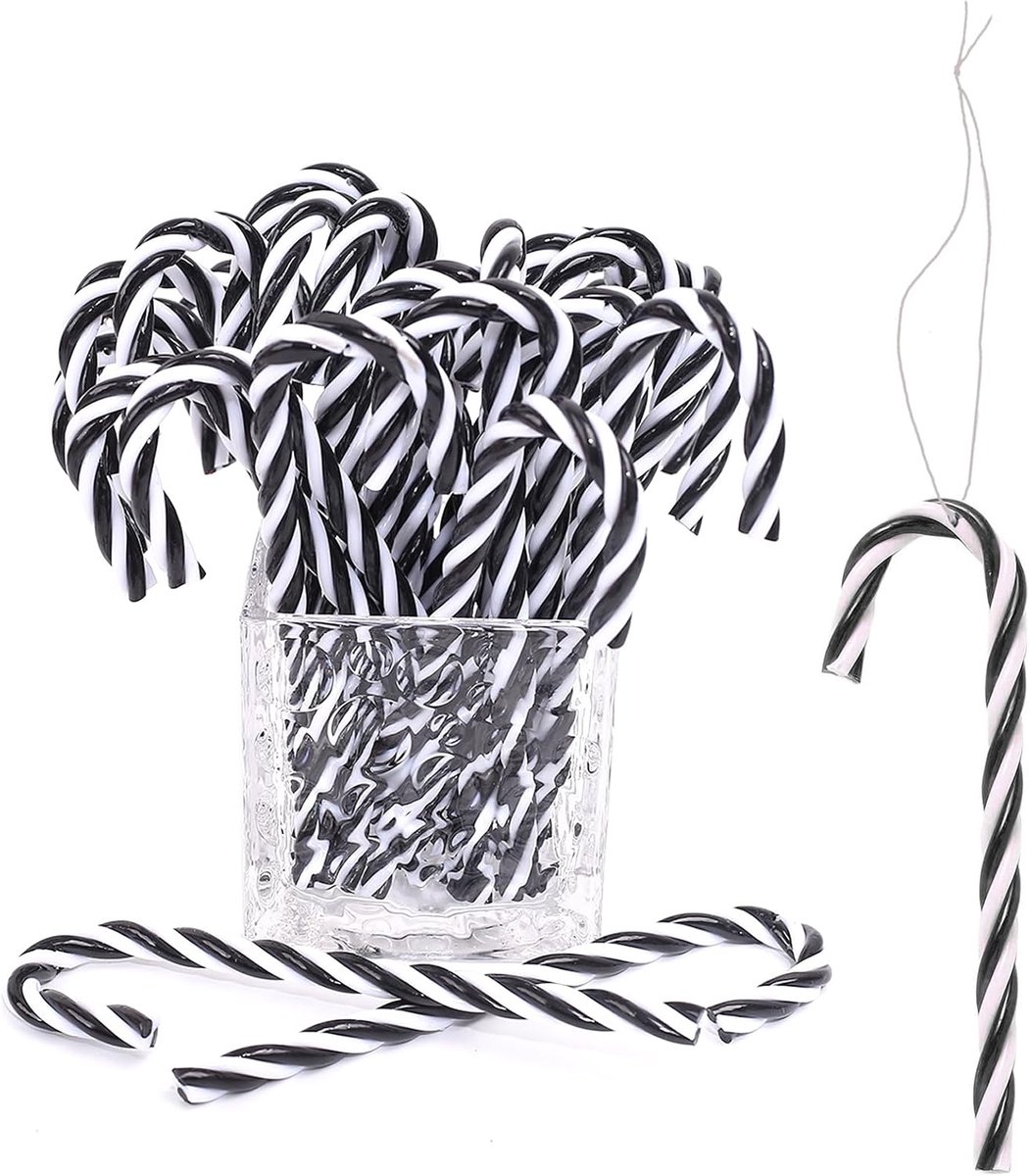 Hangende ornamenten kerstboom hangende decoraties plastic gedraaide kruk ornamenten voor kerstambachten binnen buiten decor (zwart en wit, 15 cm)