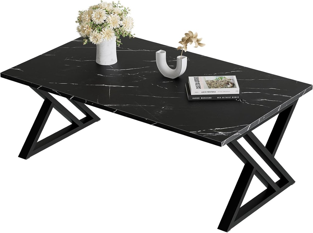 Salontafel, woonkamertafel, houten sofatafel, koffietafel, bijzettafel voor de woonkamer, eenvoudige montage, X-vormige steunen, open opbergruimte, 100 x 48 x 55 cm, marmer zwart en zwart