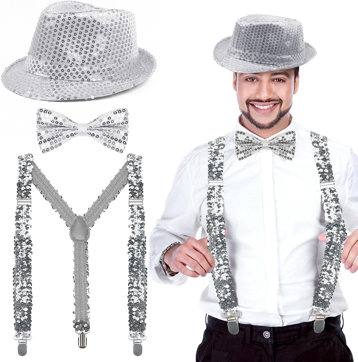 Glitteroutfit voor heren, oudejaarsavond, paillettenkostuum met glittervlinderdas, hoed, bretels, glitteraccessoires voor carnaval, Halloween, themafeest
