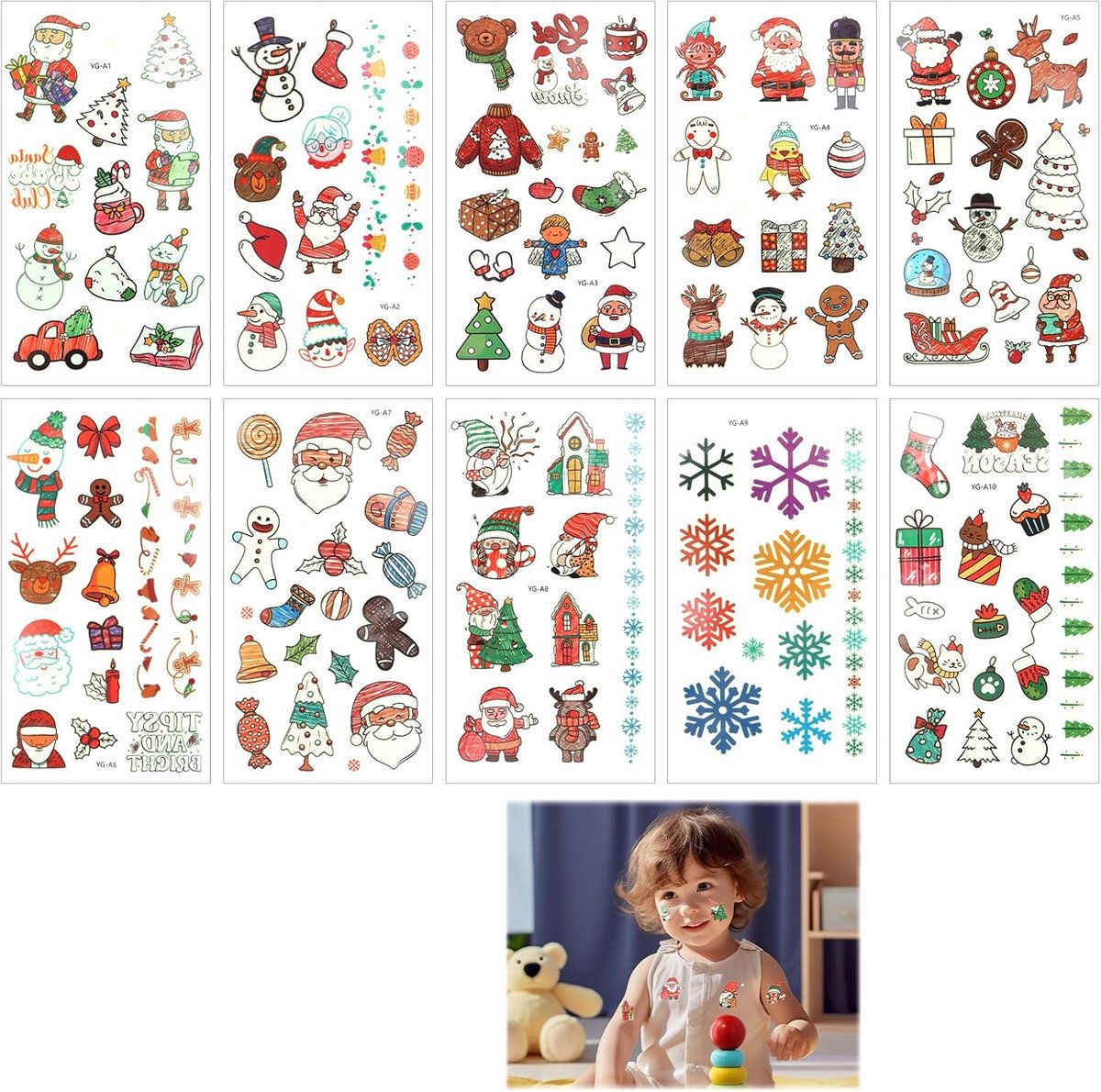 10 stuks lichtgevende kersttatoeages voor kinderen, tijdelijke tatoeages voor meisjes en jongens, kerstontwerpen zoals kerstman, rendier, sneeuwpop, boom, kousen en meer, lichten op in het donker