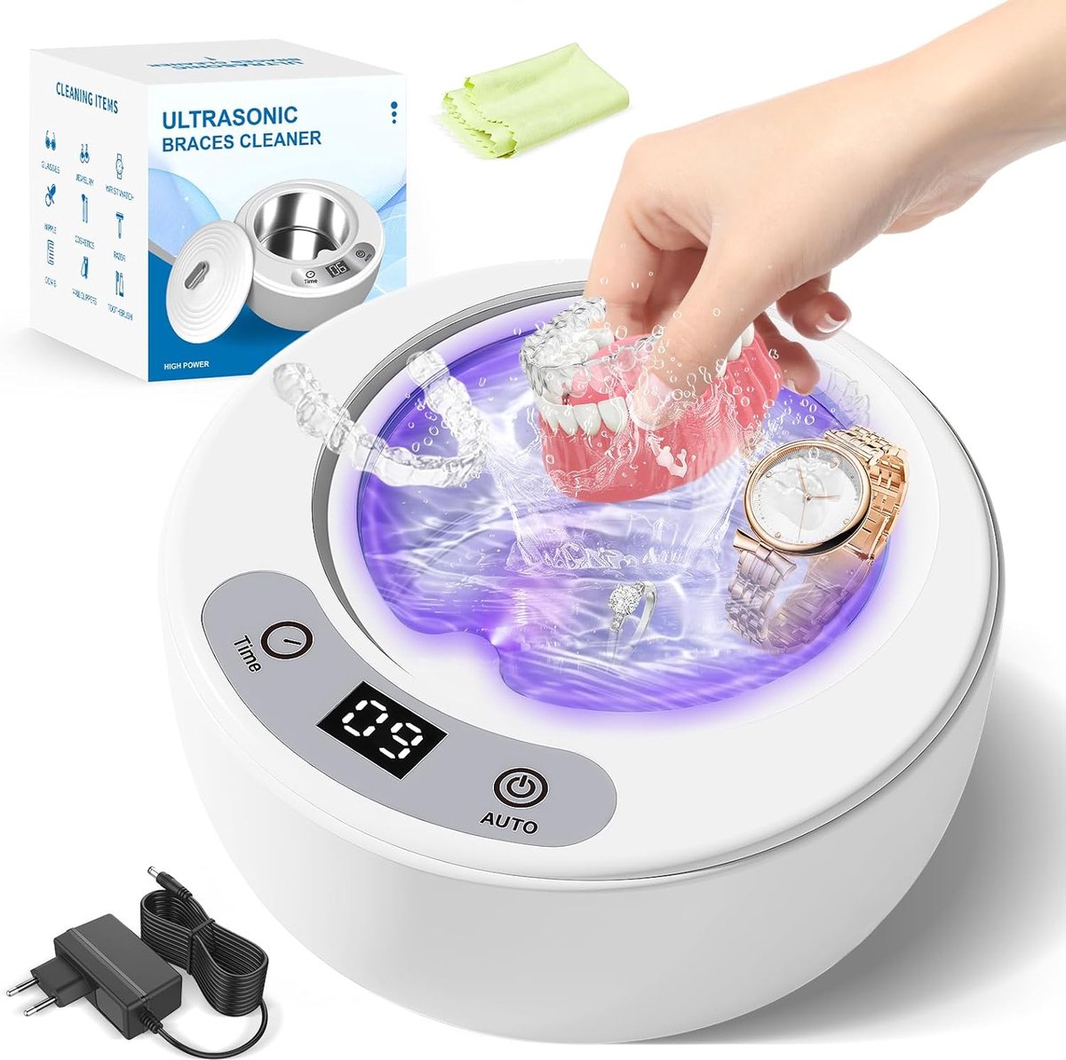 Reinigingsapparaat, 49.000Hz, 5 modi, uv-ultrasone reiniger 200 ml, tandpad, ultrasoon bad, ultrasone reiniger voor kunstgebitten, retainer aligner, tandrail, prothesen, sieraden