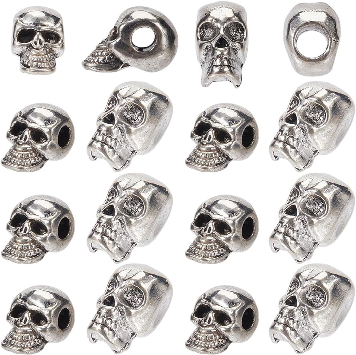 1 doos met 60 zilverkleurige schedelkralen in Halloween-skeletvorm, los, metaallegering, schedelvorm, mini-afstandskralen, los voor het maken van armbanden