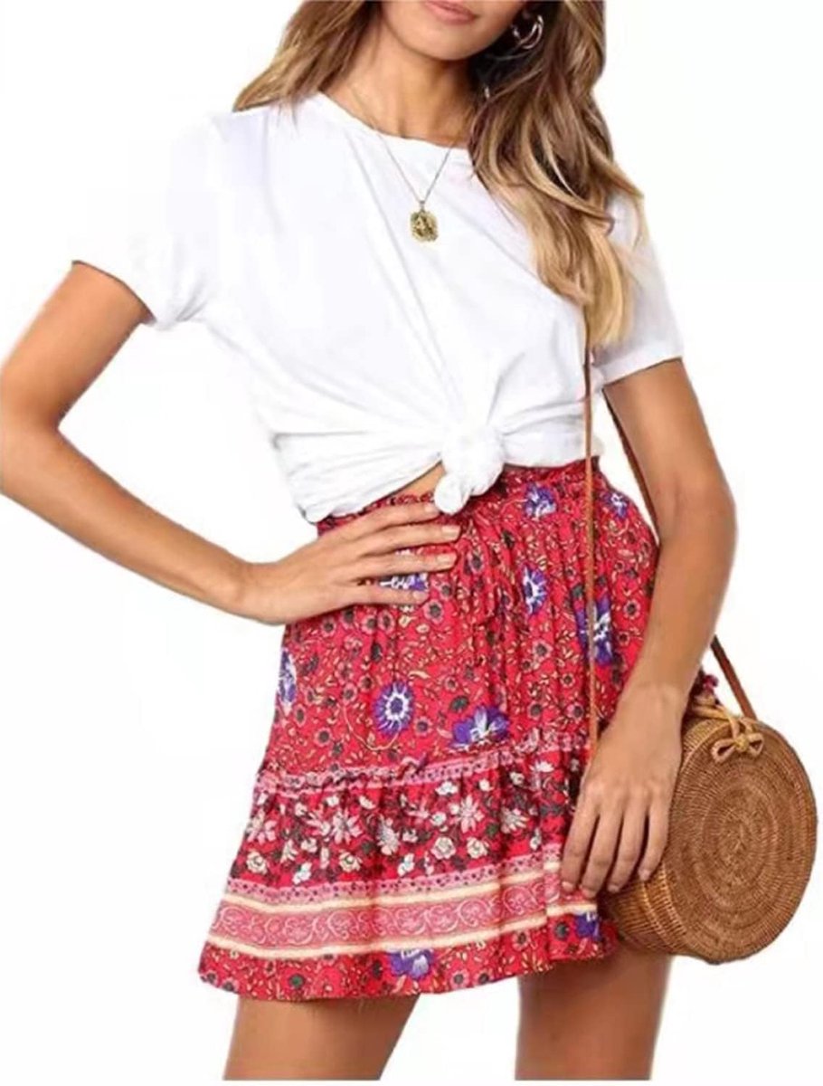 Womens Meisjes Bloemen Uitlopende Korte Rok Leuke Hoge Taille Ruche Rok Strand Mini Rok