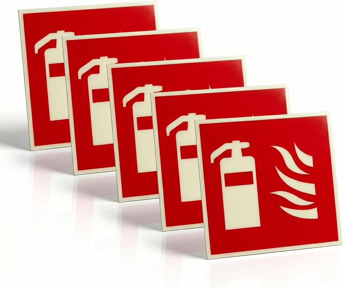 Pack van 5 2 mm sterk brandblusser-bord, 15 x 15 cm, 1 mm hard aluminium en 1 mm lijm, reflecterend, zelfklevend, zonder boren, brandbeveiligingsteken voor commercieel kantoor, weerbestendig
