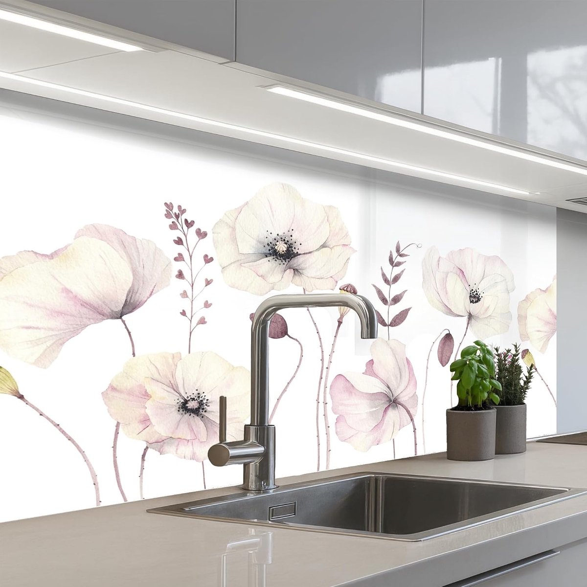 Keukenachterwand 60x100 cm zelfklevend keuken decoratie accessories home kitchen spatscherm Bloemen - Pastel - Planten - Wit