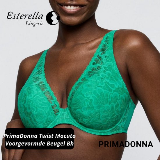 Model draagt een groene kanten bh met bloemenpatroon. Logo en tekst 'PrimaDonna Twist Mocuto Voorgevormde Beugel Bh'.