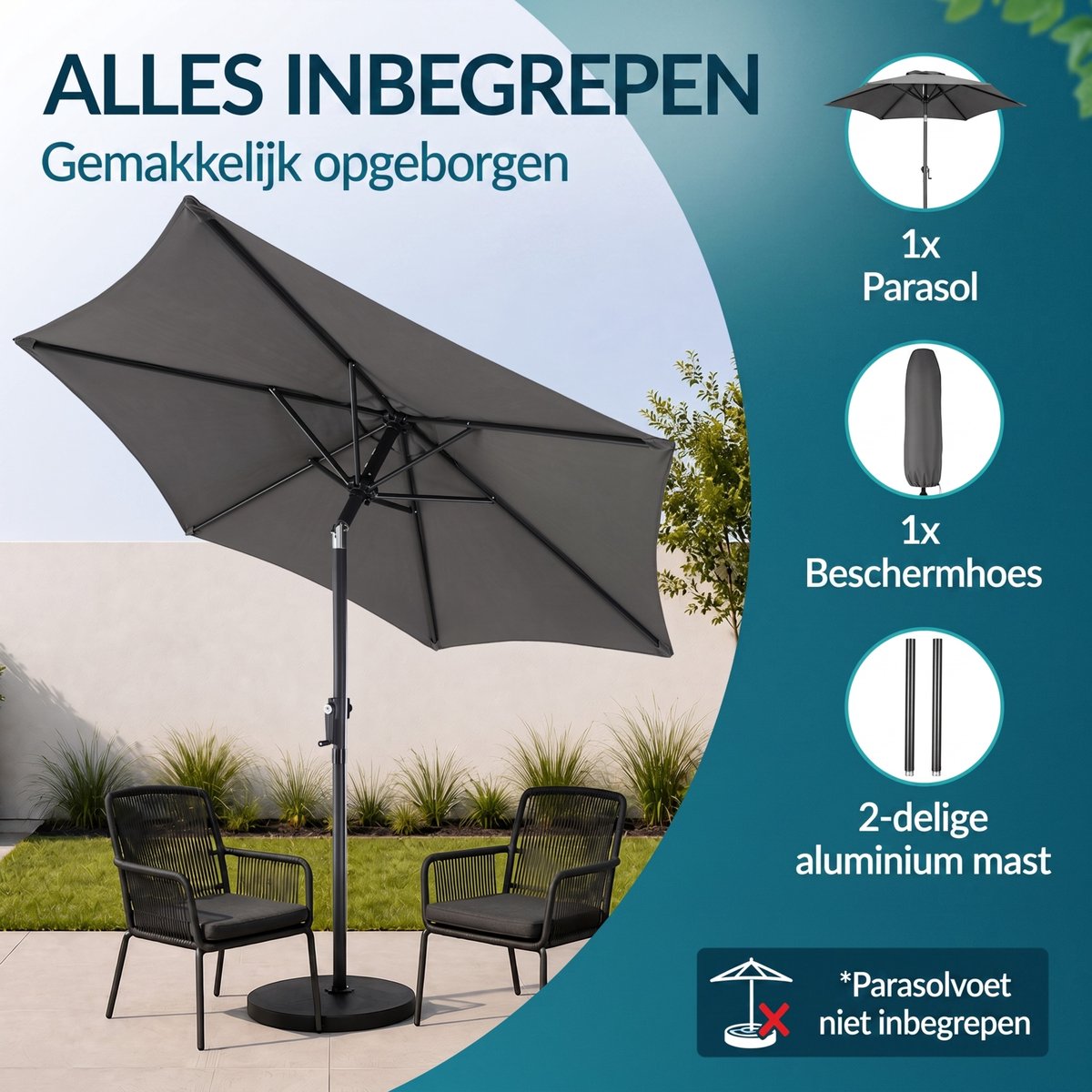 Kingsleeve Parasol 200 cm - Zwengel & Kantelmechanisme - Antraciet – foto 5