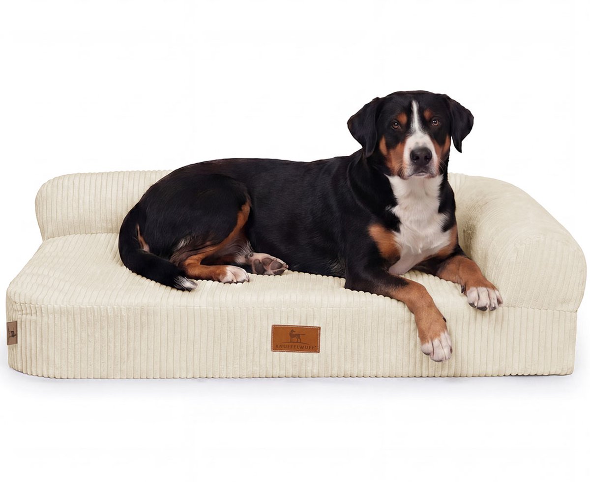 Knuffelwuff orthopedisch hoekhondenbed Cortland van ribfluweel XXL 120 x 80cm Leuning rechts Beige
