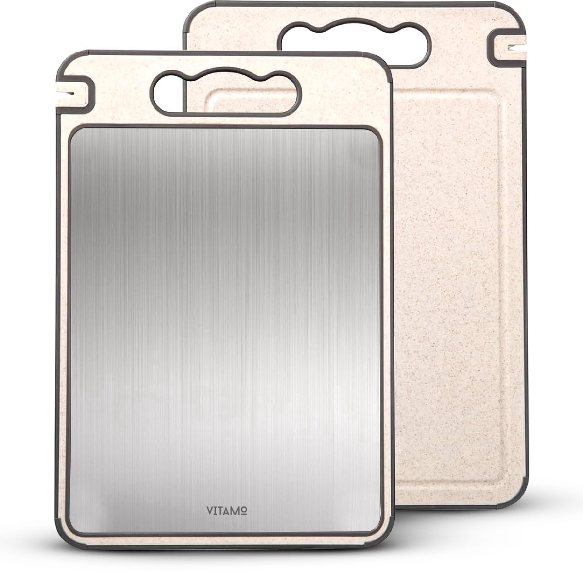 VITAMO PureCut Pro Dubbelzijdige Snijplank met Geïntegreerde Messenslijper – 304 RVS – Microplasticvrije Snijzijde – BPA-vrije Tarwestro – Antislip – 36,5 x 25 cm