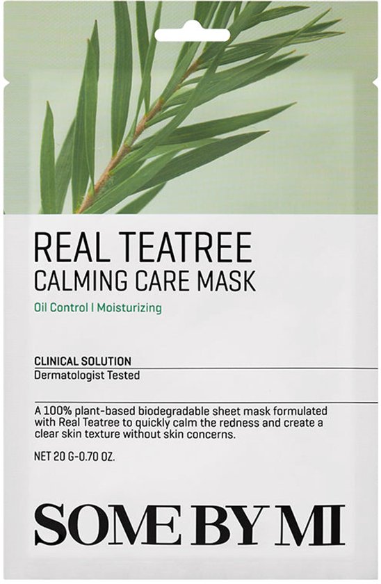 SOME BY MI Real Teatree Calming Care Mask met een takje theebladeren bovenaan.