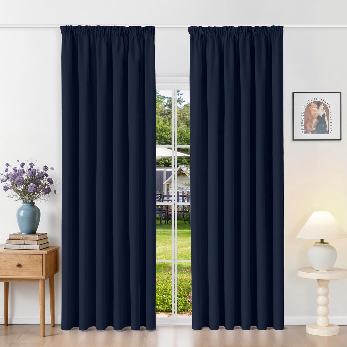 Gordijnen met plooiband, ondoorzichtig, marineblauw, verduisteringsgordijnen, set van 2, 245 x 200 cm (H x B) voor railsysteem, thermische gordijnen, bescherming tegen kou, schuifgordijnen