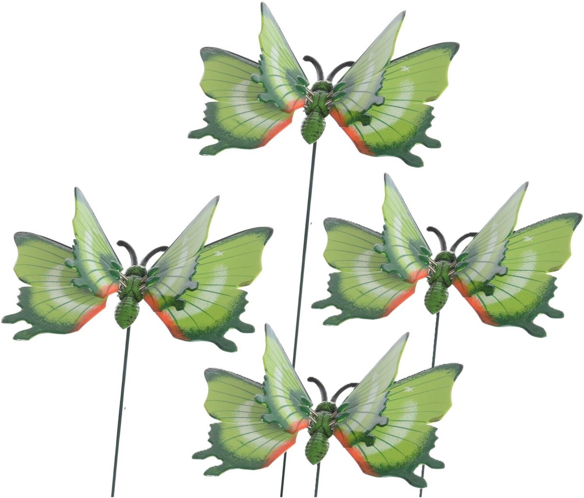 Decoris tuin deco vlinder op stok - 4x - groen - metaal - 17 x 60 cm - dieren decoraties - bewegend