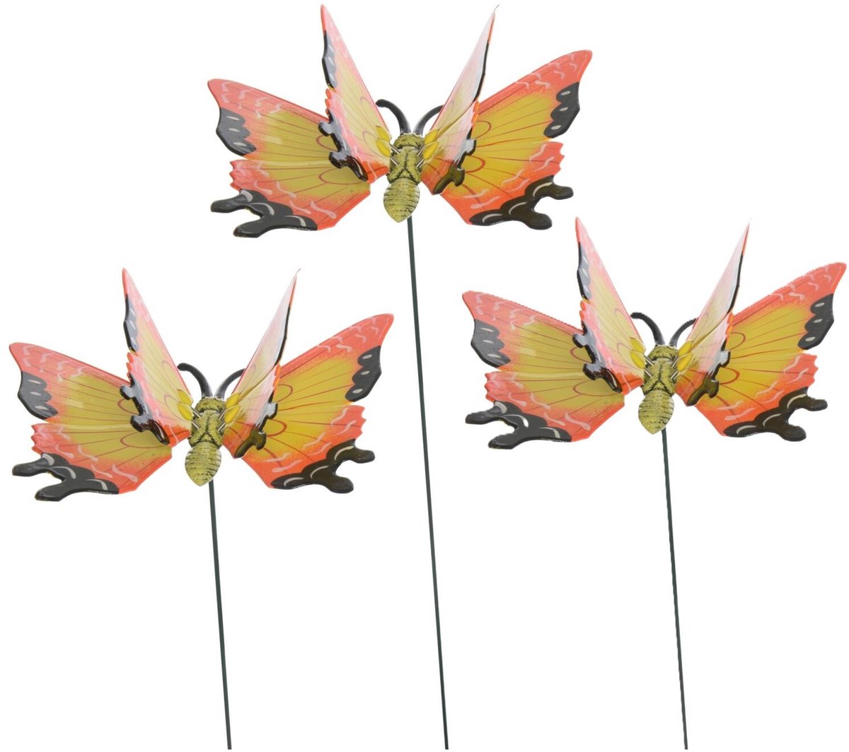Decoris tuin deco vlinder op stok - 3x - geel - metaal - 17 x 60 cm - dieren decoraties - bewegend